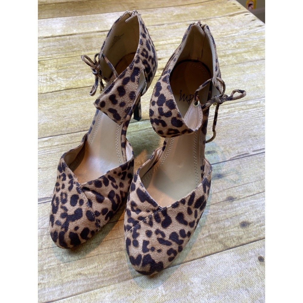 Impo Leopard Print Pointed Toe D'Orsay Pumps with Ankle Tie and Back Zipper